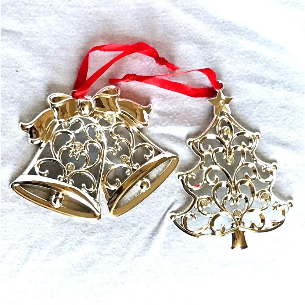 Lenox Christmas Ornaments 2 Sparkle and Scroll Bells + Tree Silver Original Box